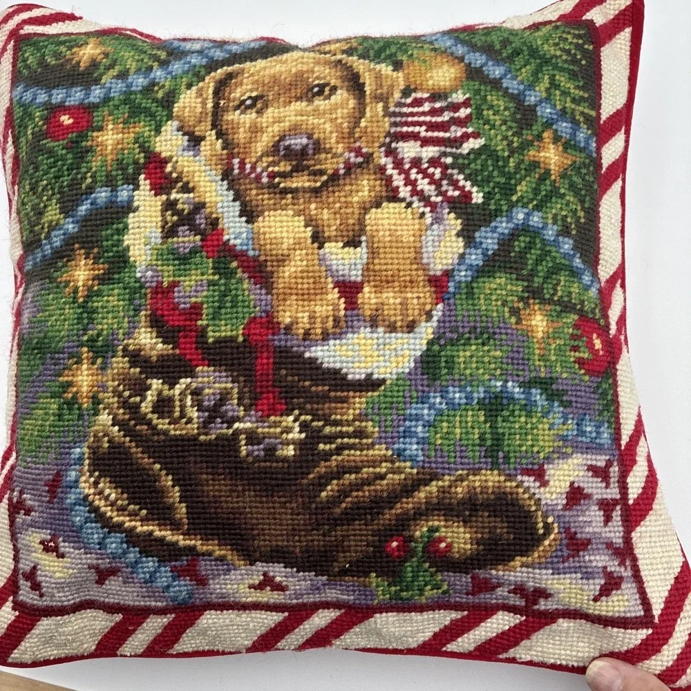 Vintage Christmas Needlepoint Pillow Golden Retriever Puppy in Boot Red Velvet